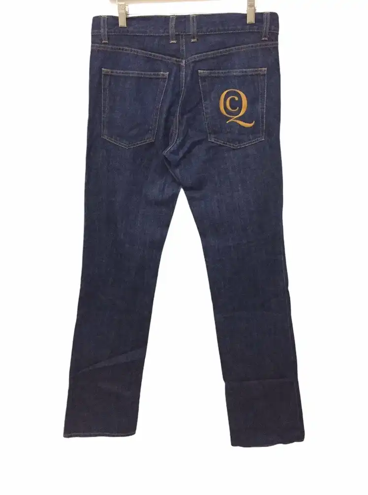 Embroidered logo leather coin pocket denim