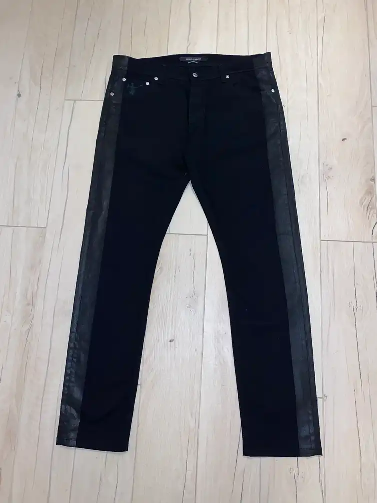 FW17 Alexander McQueen Waxed Skeleton Logo Biker Denim Pants