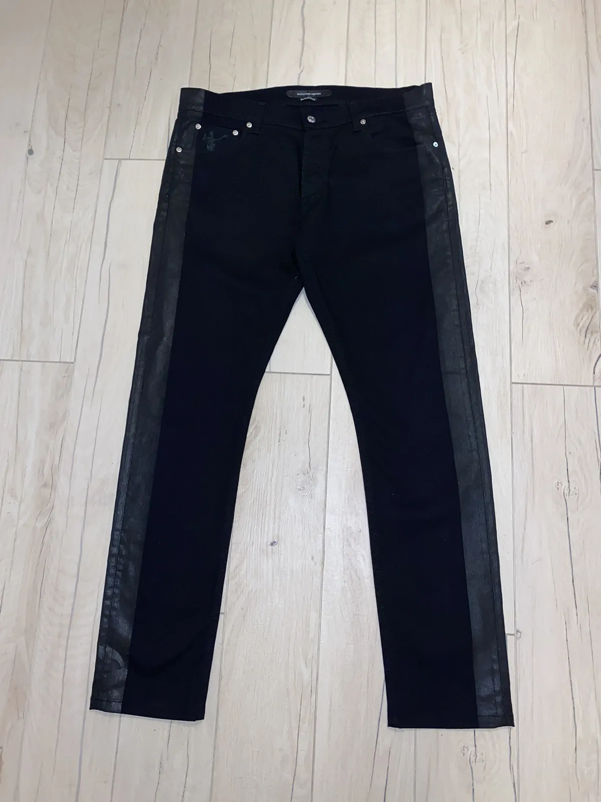 FW17 Alexander McQueen Waxed Skeleton Logo Biker Denim Pants