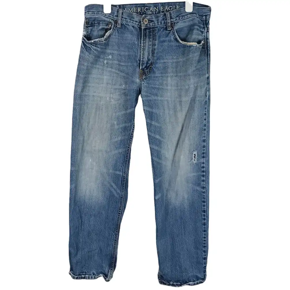 American Eagle Mens Low Loose Jeans 34/30 Blue Denim Distres