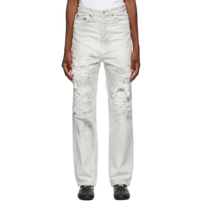 Balenciaga White and Grey Ripped Patch Jeans