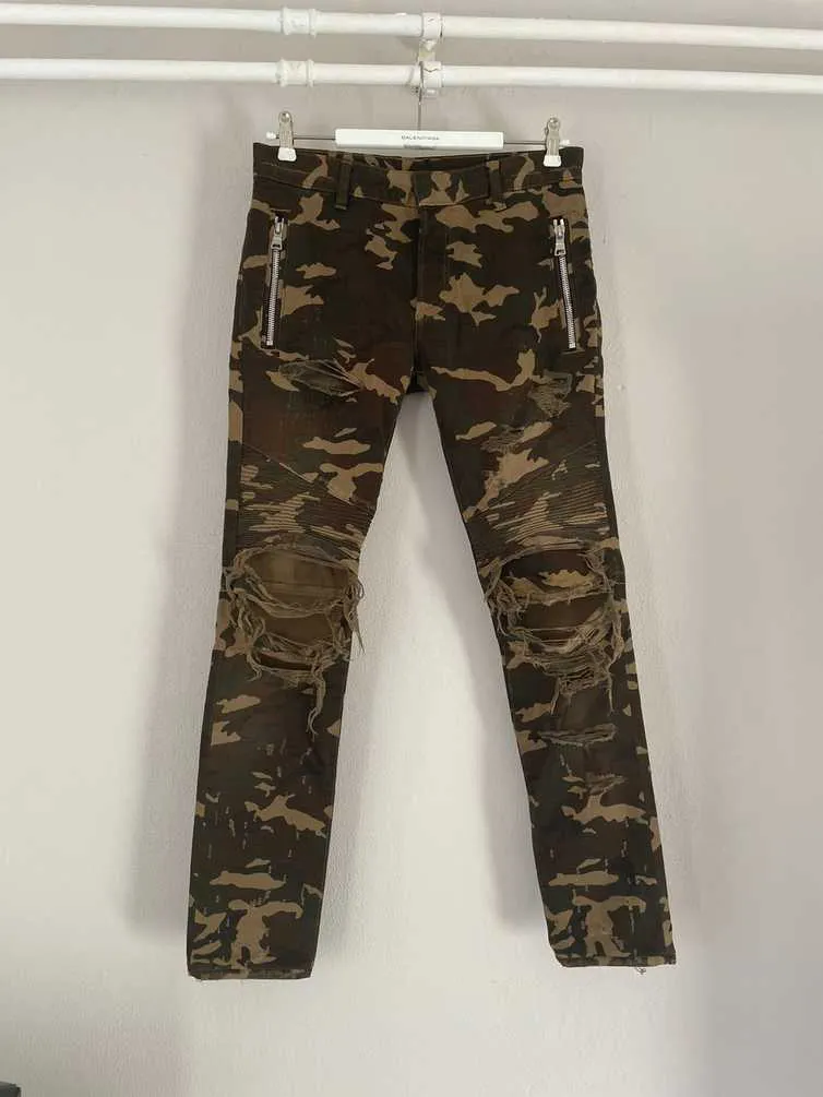 Destroyed Army Camo Biker Jeans