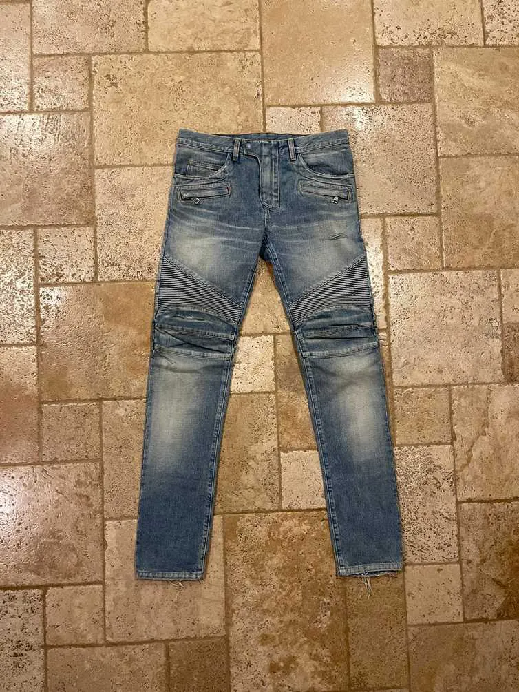 Balmain OG Biker Distressed Light Wash Blue Denim Jeans