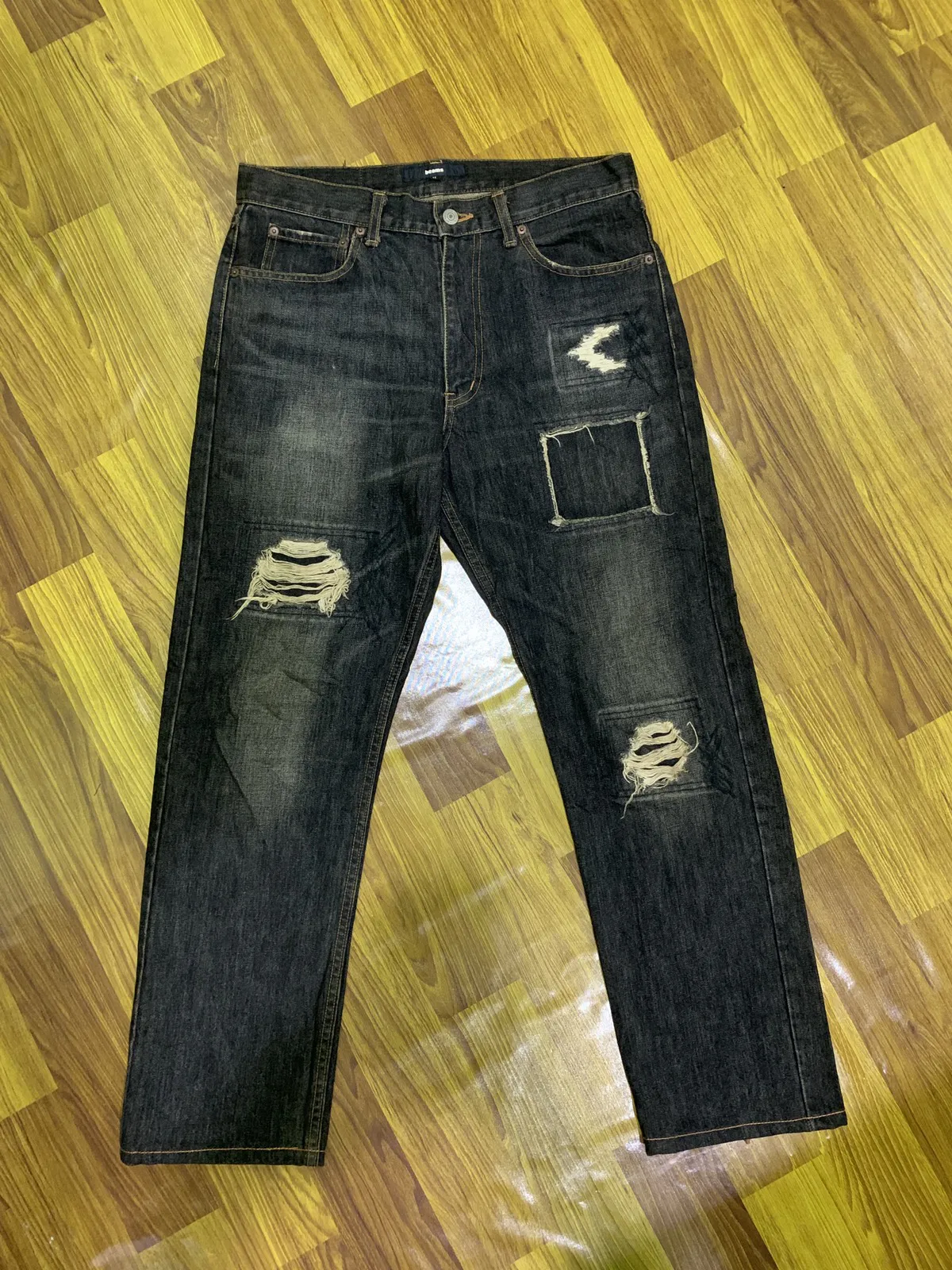 🔥 Vintage Beams Japan Black Patchwork Denim Pant Waist 33