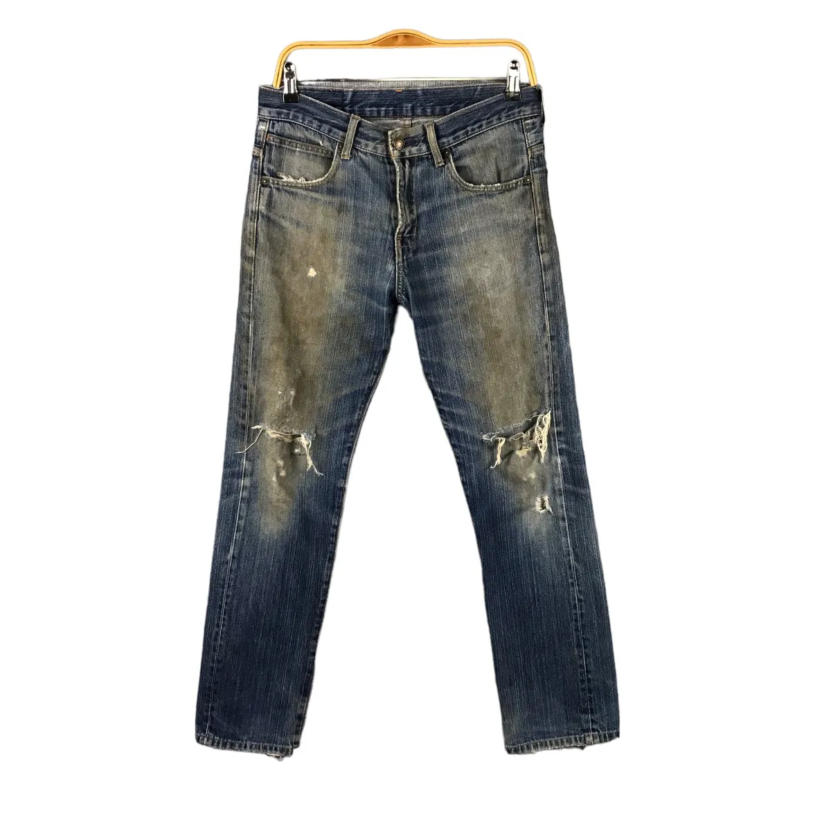 VINTAGE BEAMS DISTRESSED BLUE FADED DENIM PANTS