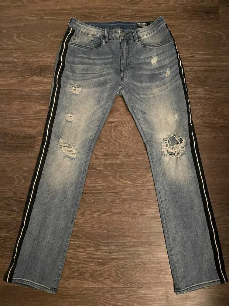 Buffalo David Bitton Distressed Pinstripe Ripped Slim Jeans