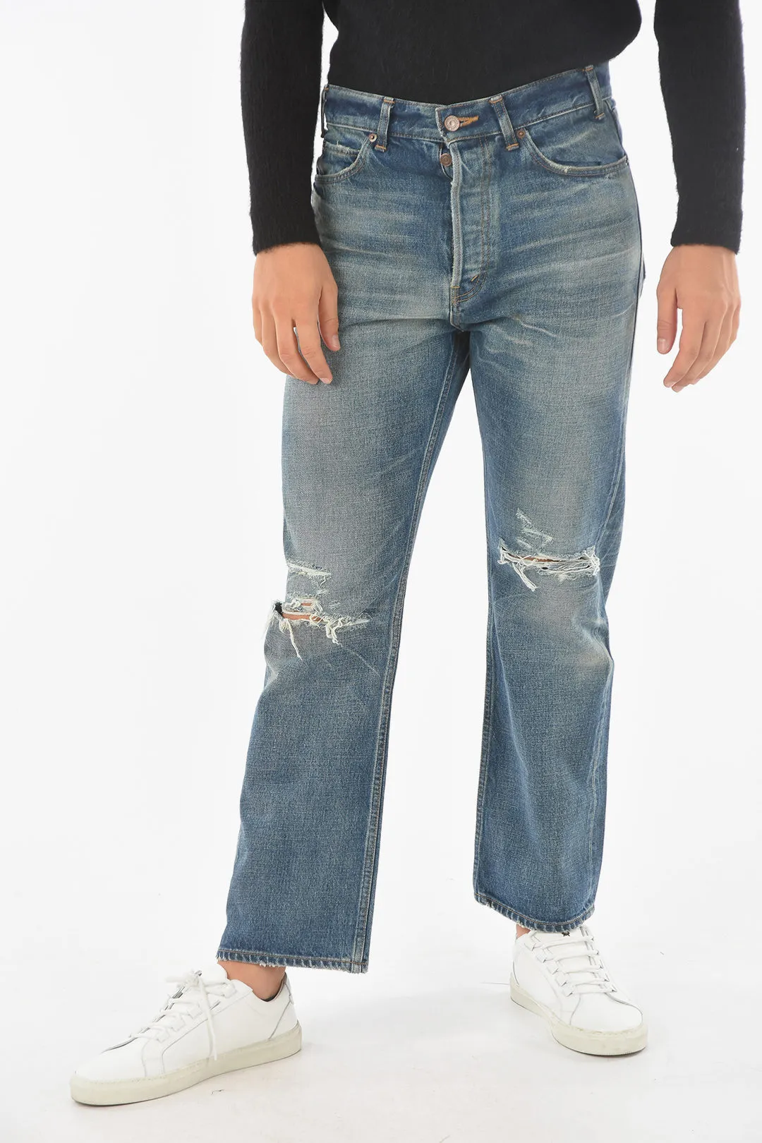 Celine 5 Pocket Straight Fit Distressed Denims