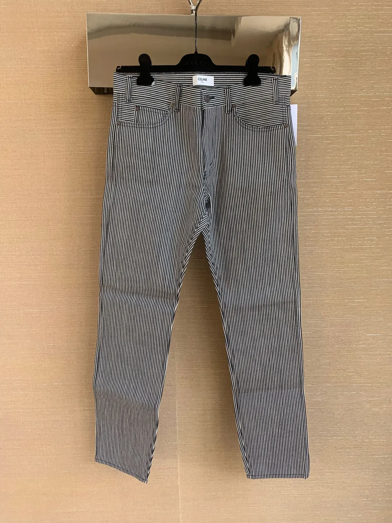 Slim Low Rise Patch Denim in Hickory Stripe