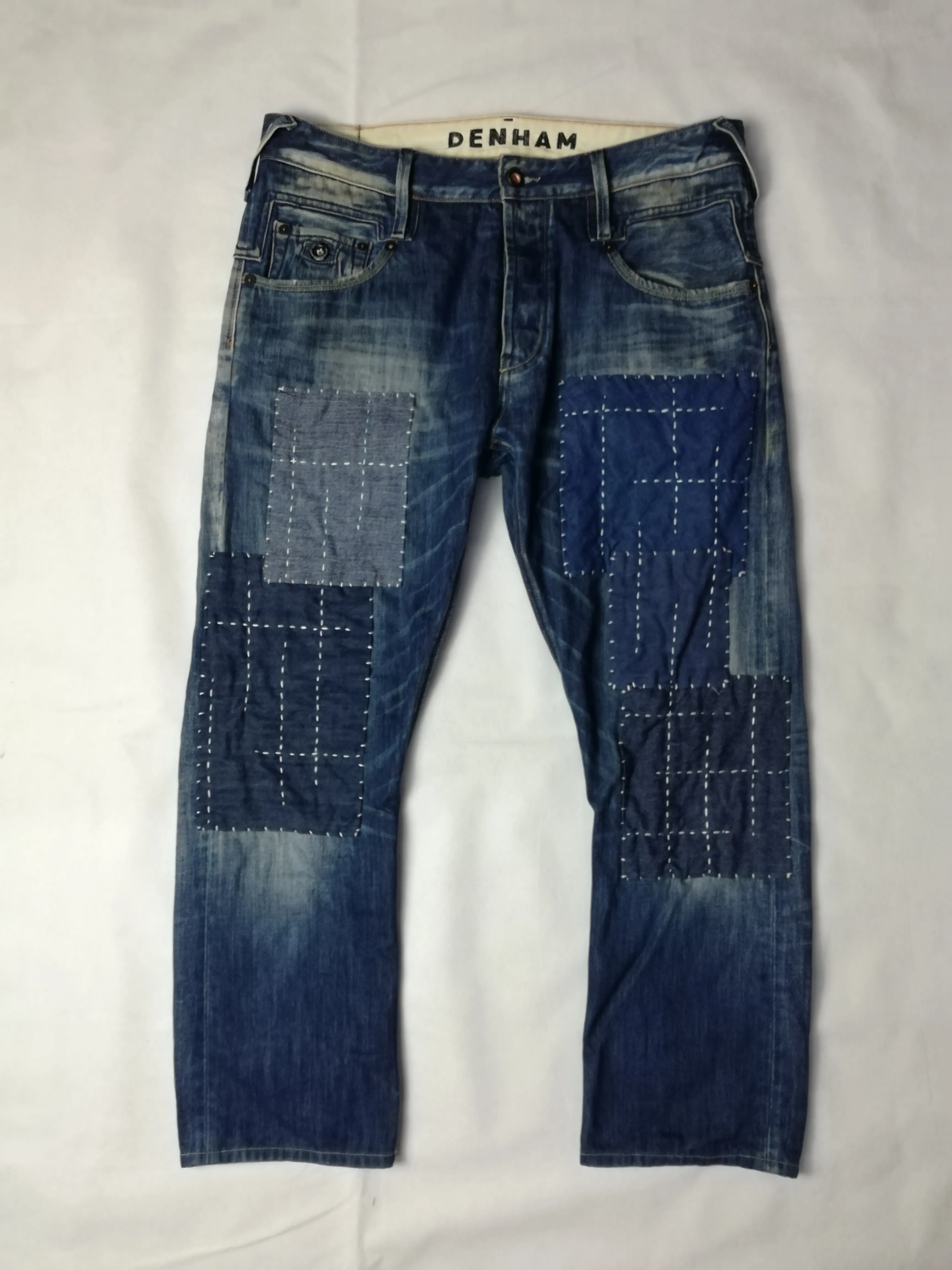 Reworked Denham Jeans with handstitched Sashiko Patchwork