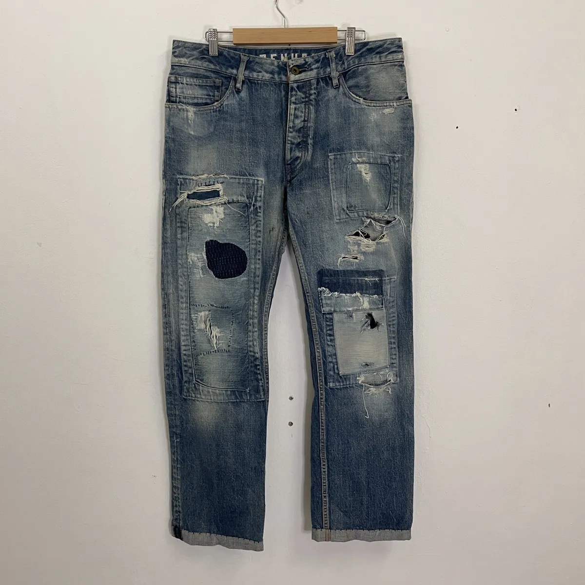 Vintage Denham Patchwork Style Distressed Denim Jeans