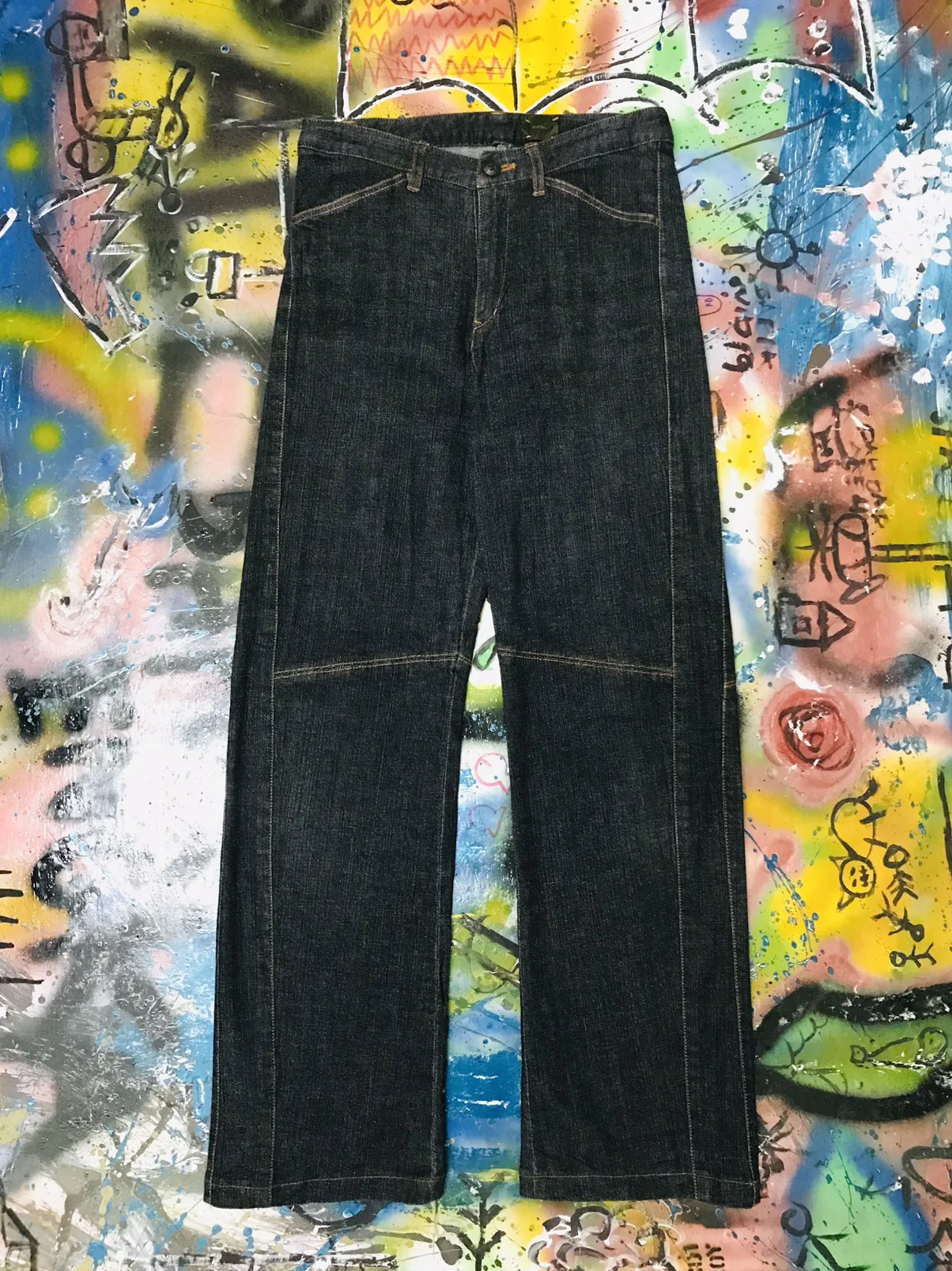 VINTAGE INBREED JAPAN DENIM LEATHER POCKET DOUBLE KNEE STYL
