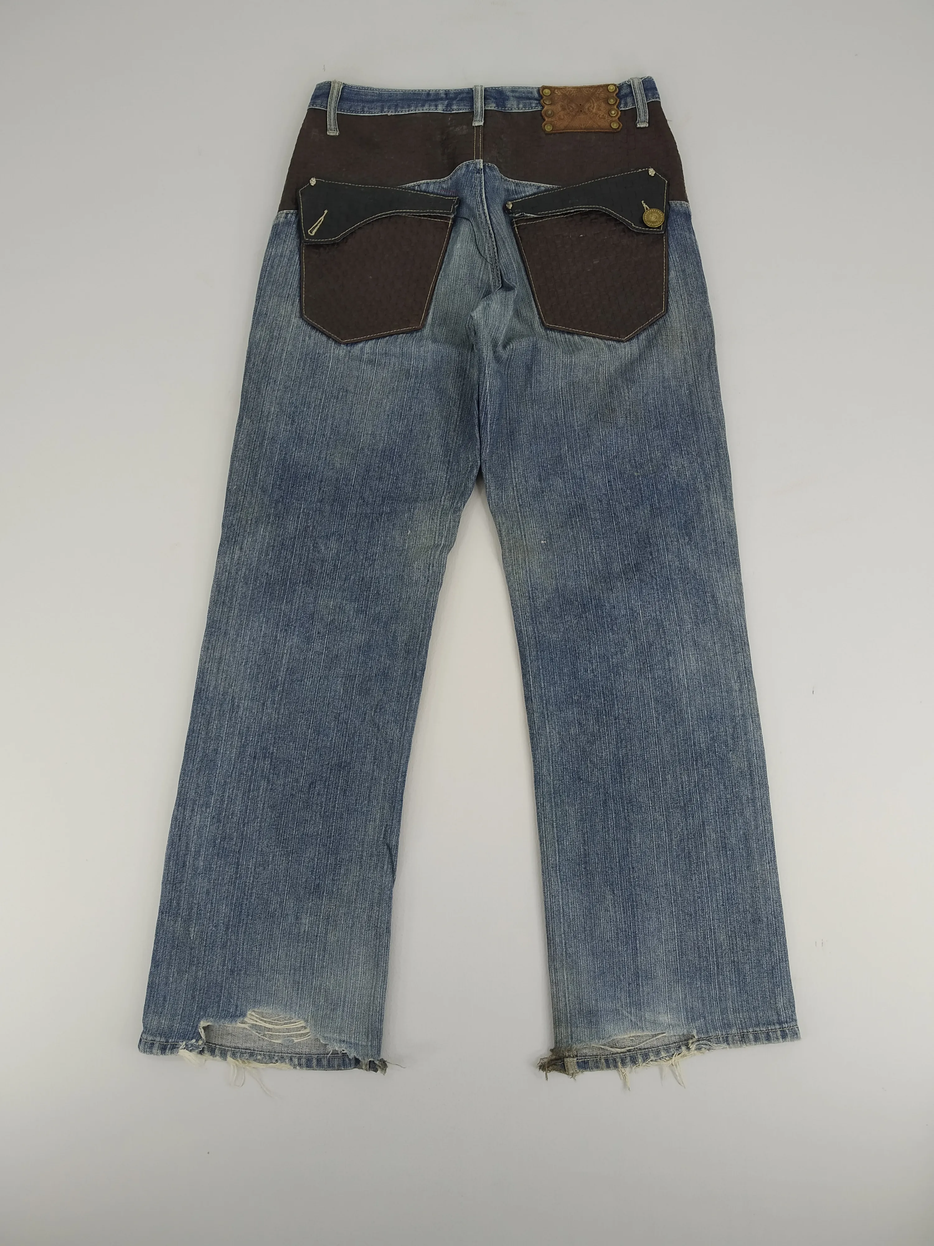 W33 Kanji Jeans Leather Pocket Baggy Jeans Denim Jeans