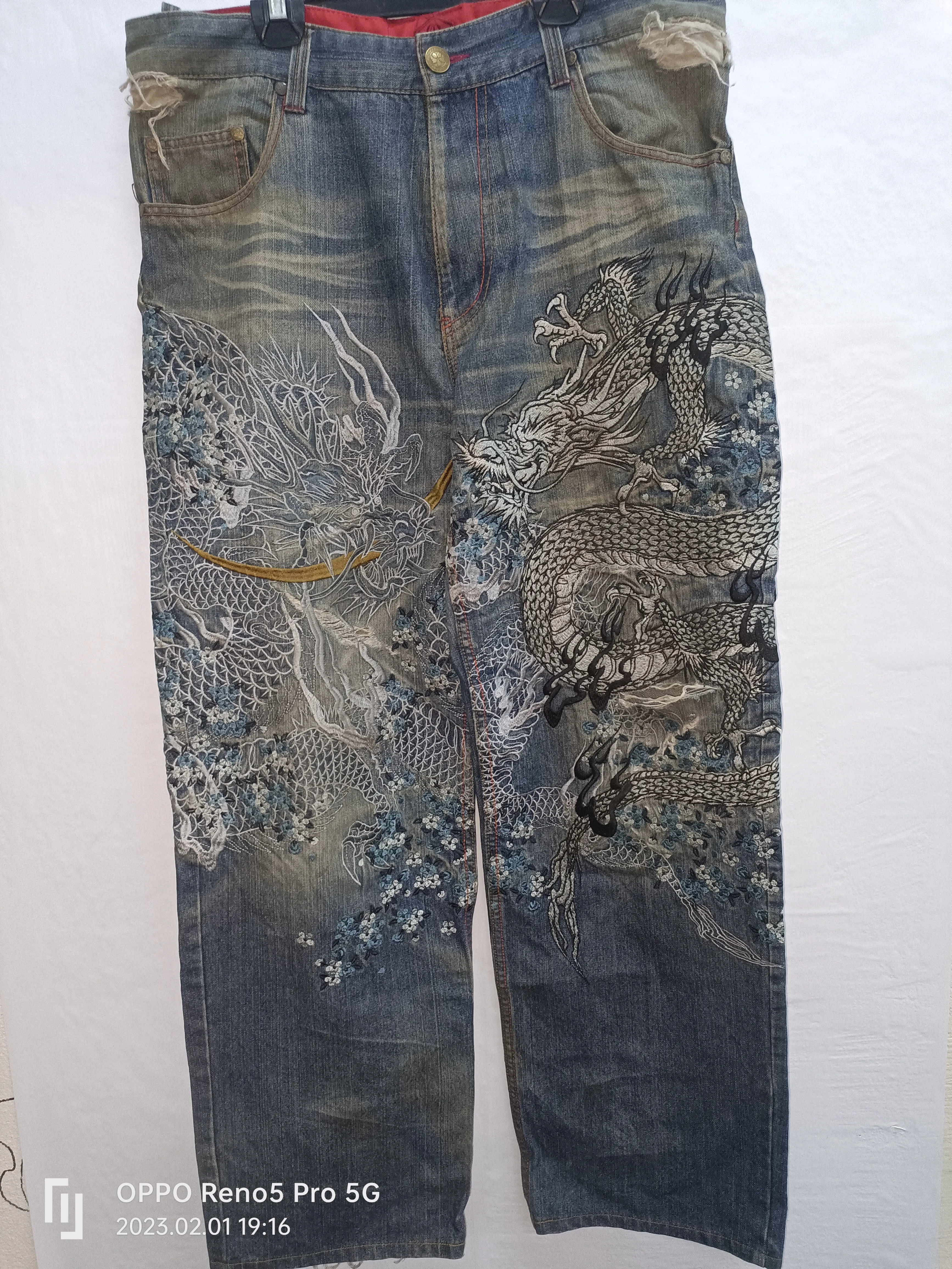 Vintage Japanese Brand Tatto Dragon Embroidery Denim Jeans