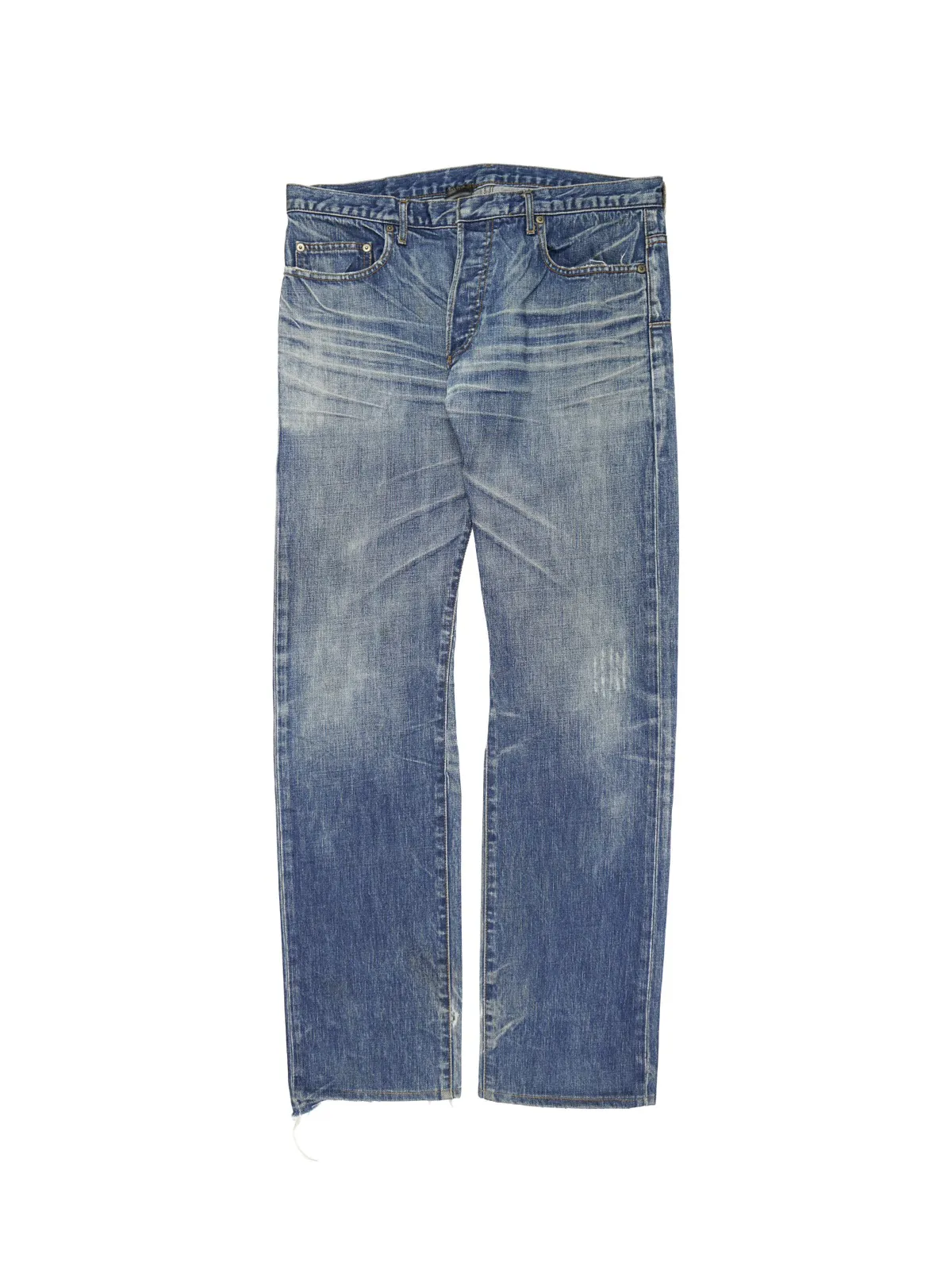 SS04 "Strip" distressed leather-patched denim