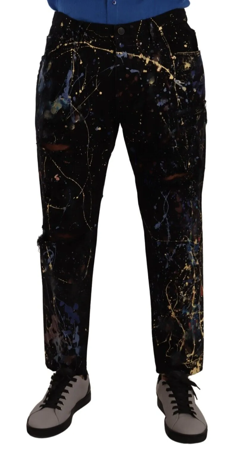 Dolce & Gabbana Black Color Splash Cotton Denim Jeans