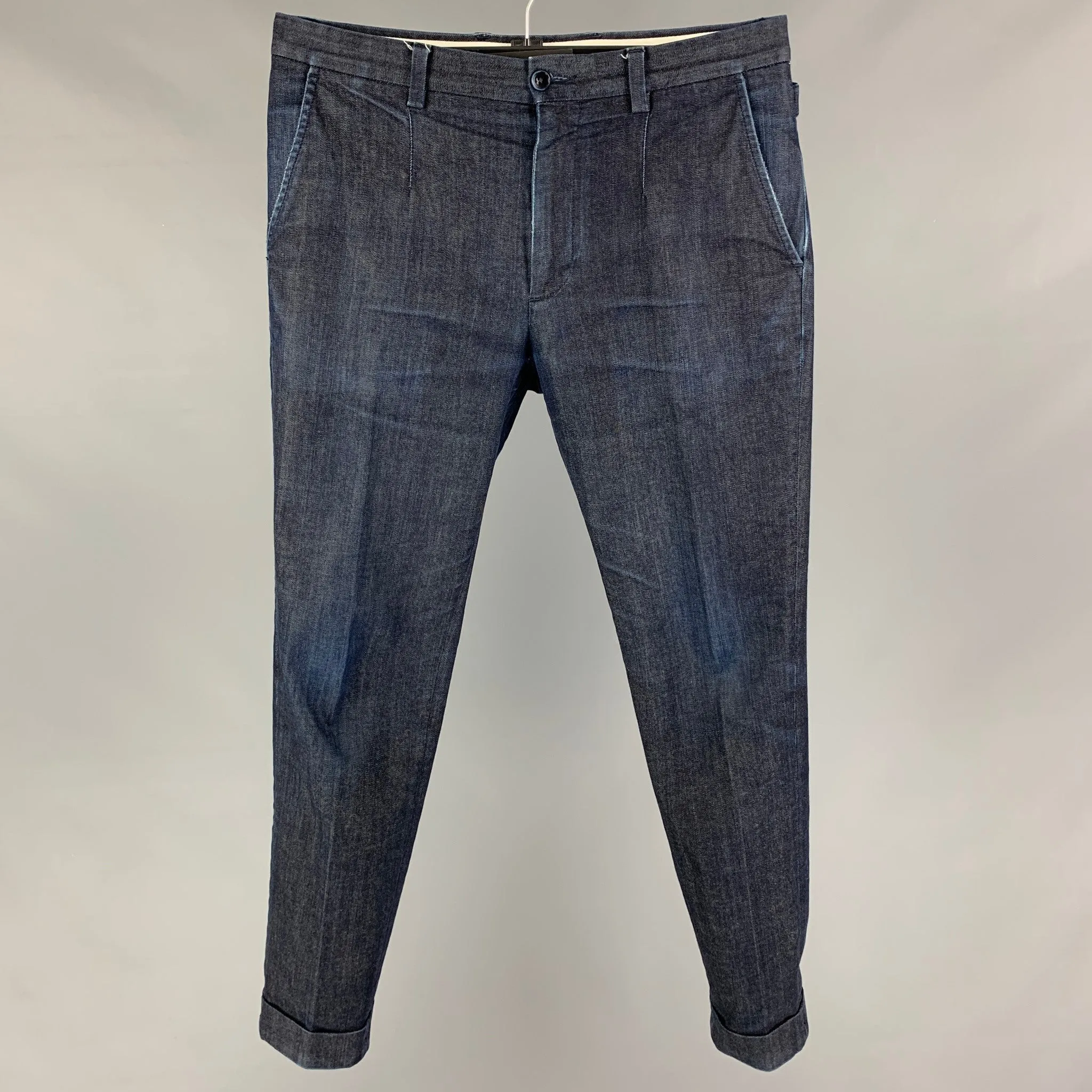 Blue Indigo Cotton Blend Slim Cuffed Jeans