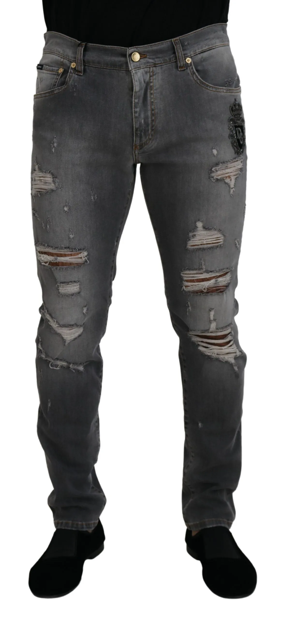 Dolce & Gabbana Grey Washed Cotton Tattered Denim Jeans