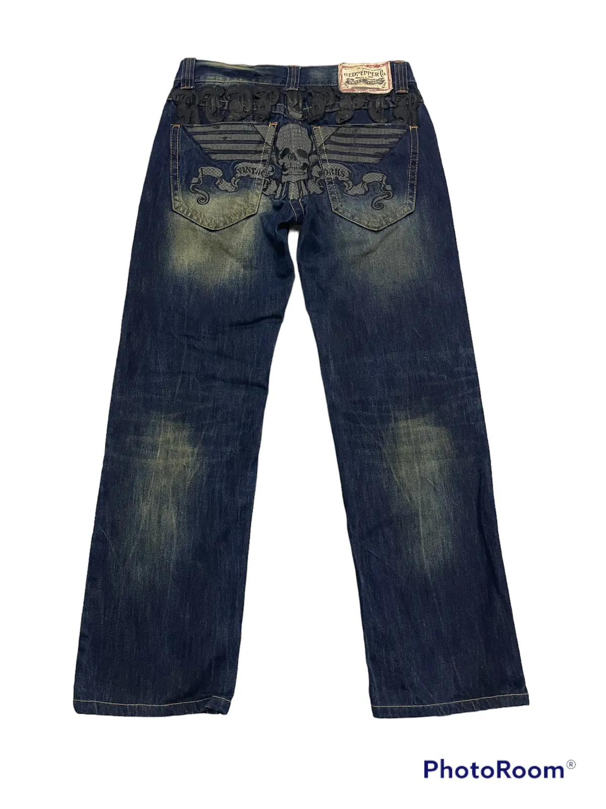 Vintage Red Pepper Embroidery Skull Jeans