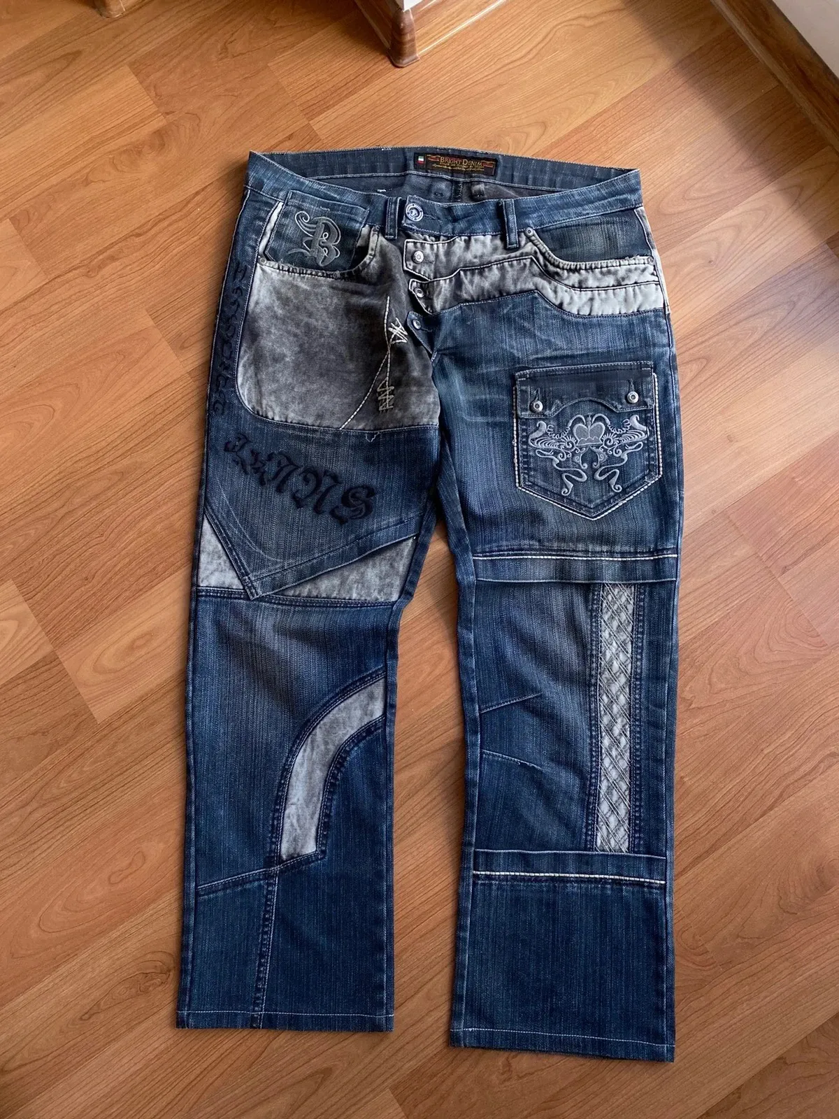 Vintage Ed Hardy Style Embroidered Logos Denim Pants