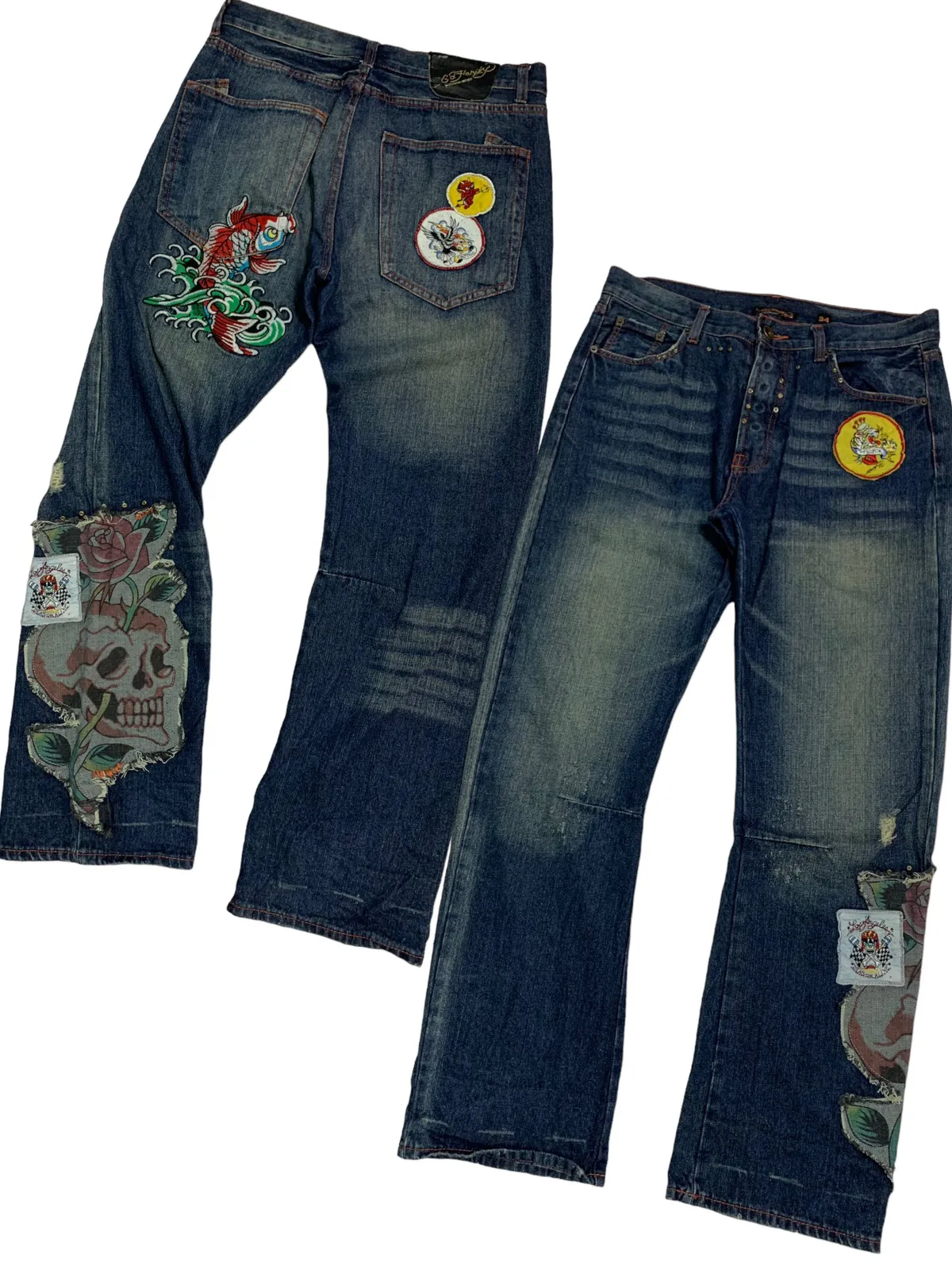 Vintage Ed Hardy Embroidery Fish Koi &Skull ☠️ Patches