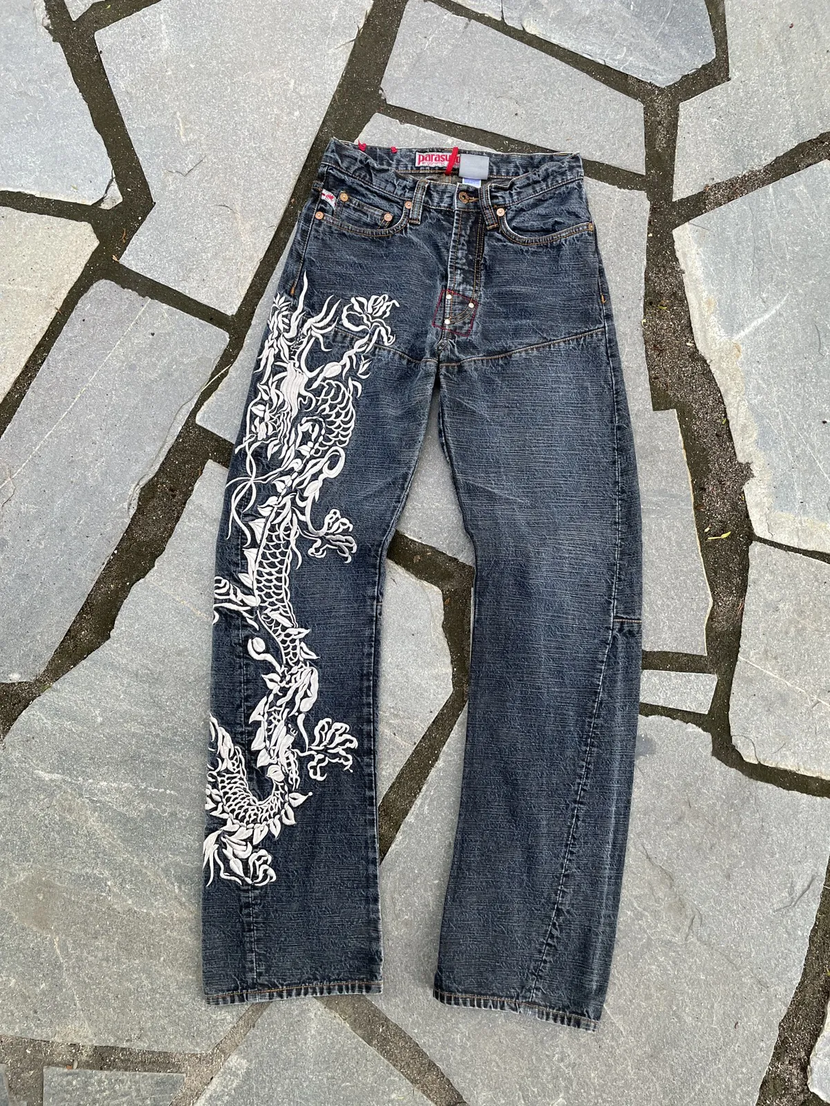 Christian Audigier Style Embroidered Dragon Y2K Denim
