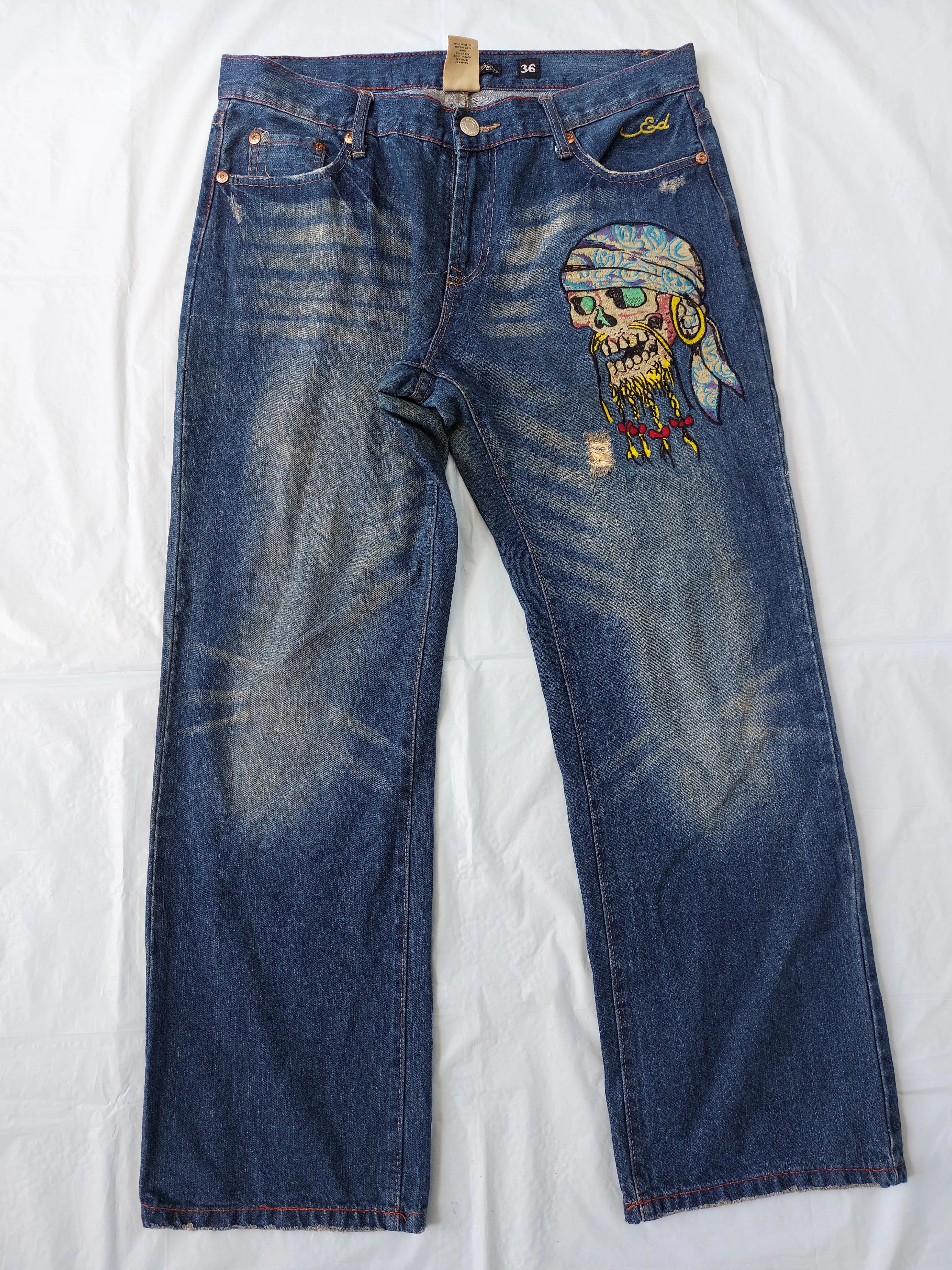 ED HARDY by CHRISTIAN AUDIGIER distressed embroidered denim