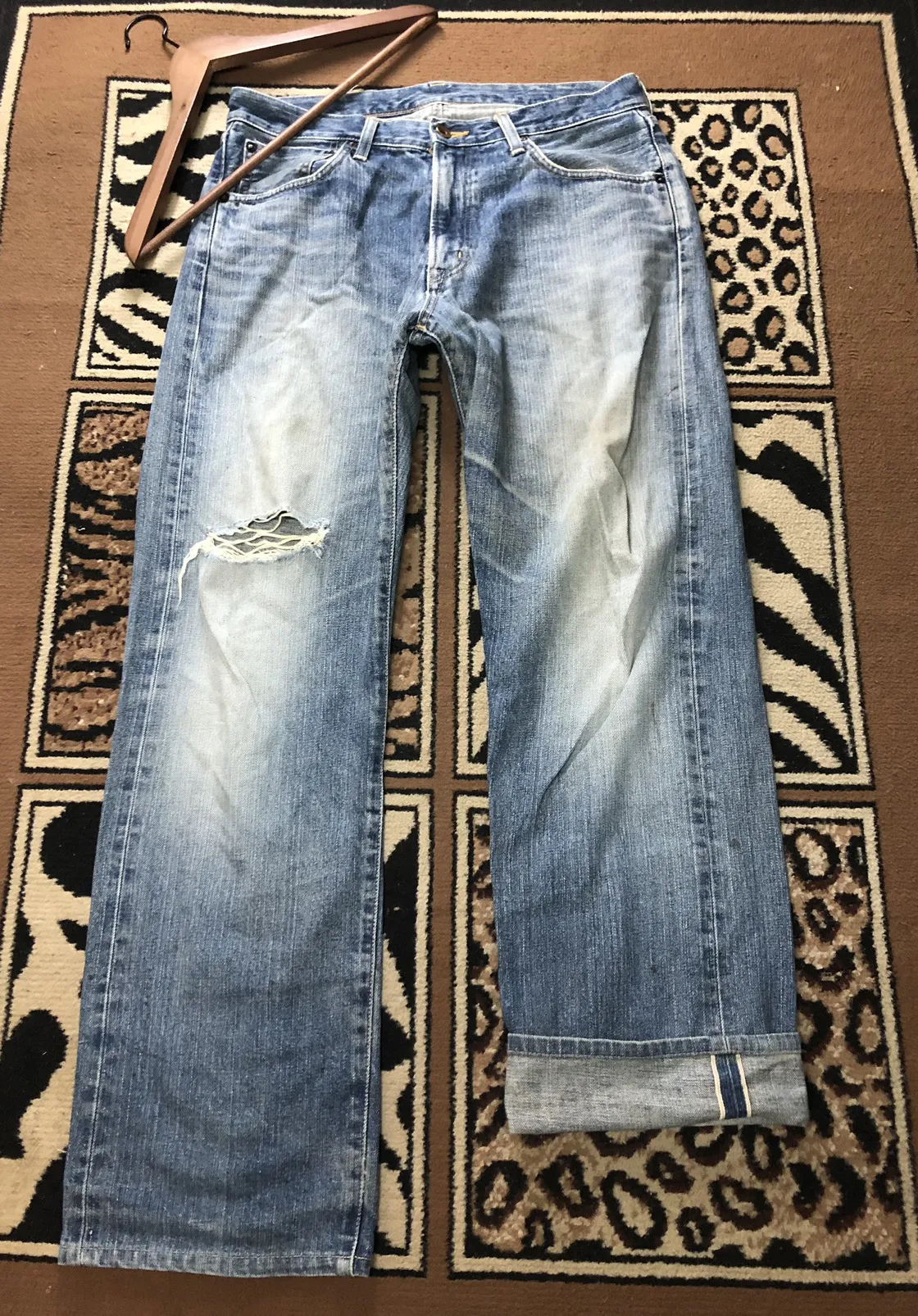 VINTAGE SELVEDGE EDWIN 505x BLUE WASH DISTRESSED DENIM