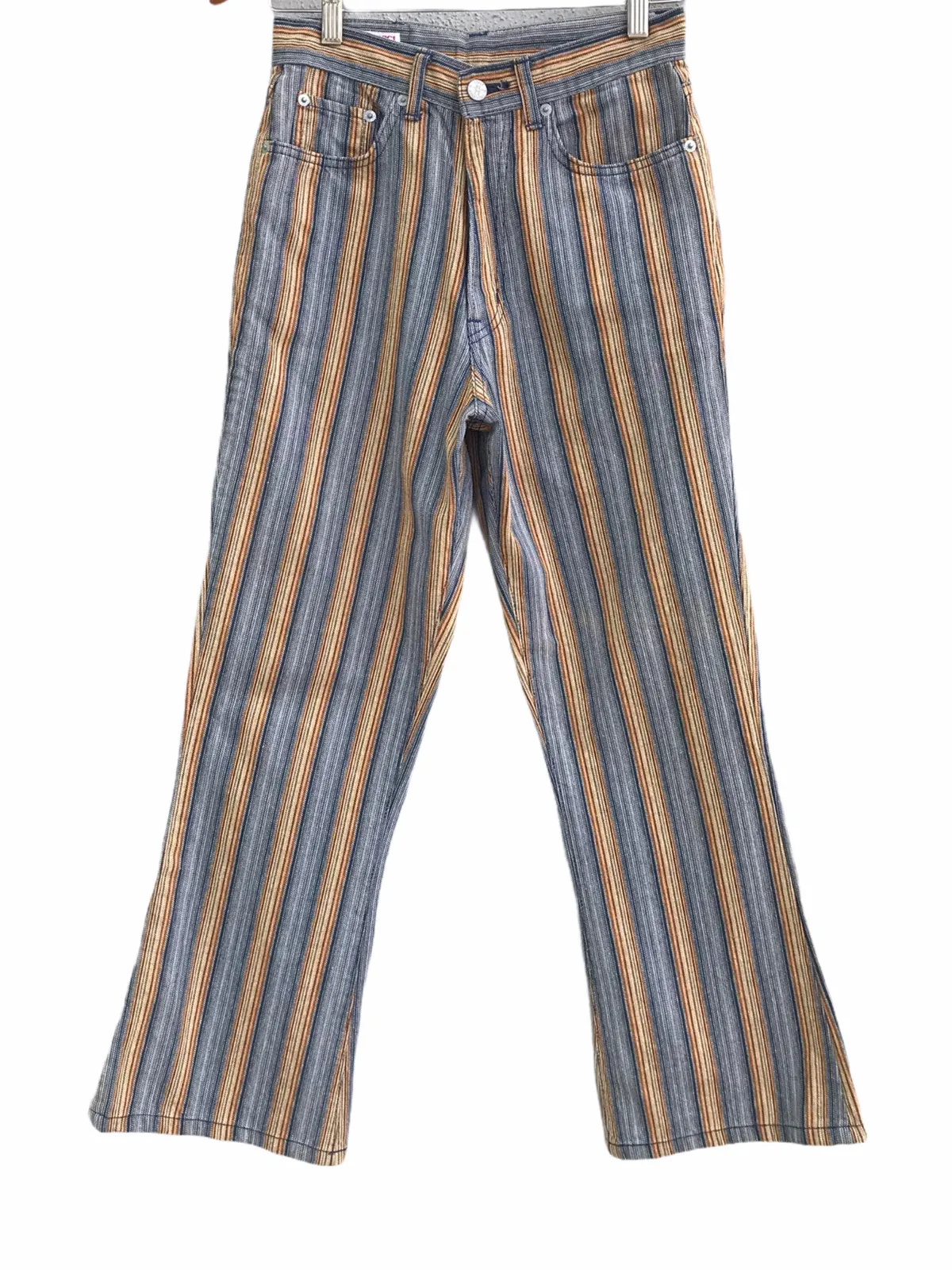 Fiorucci Color Contrast Striped Bell Bottom Denim Jeans