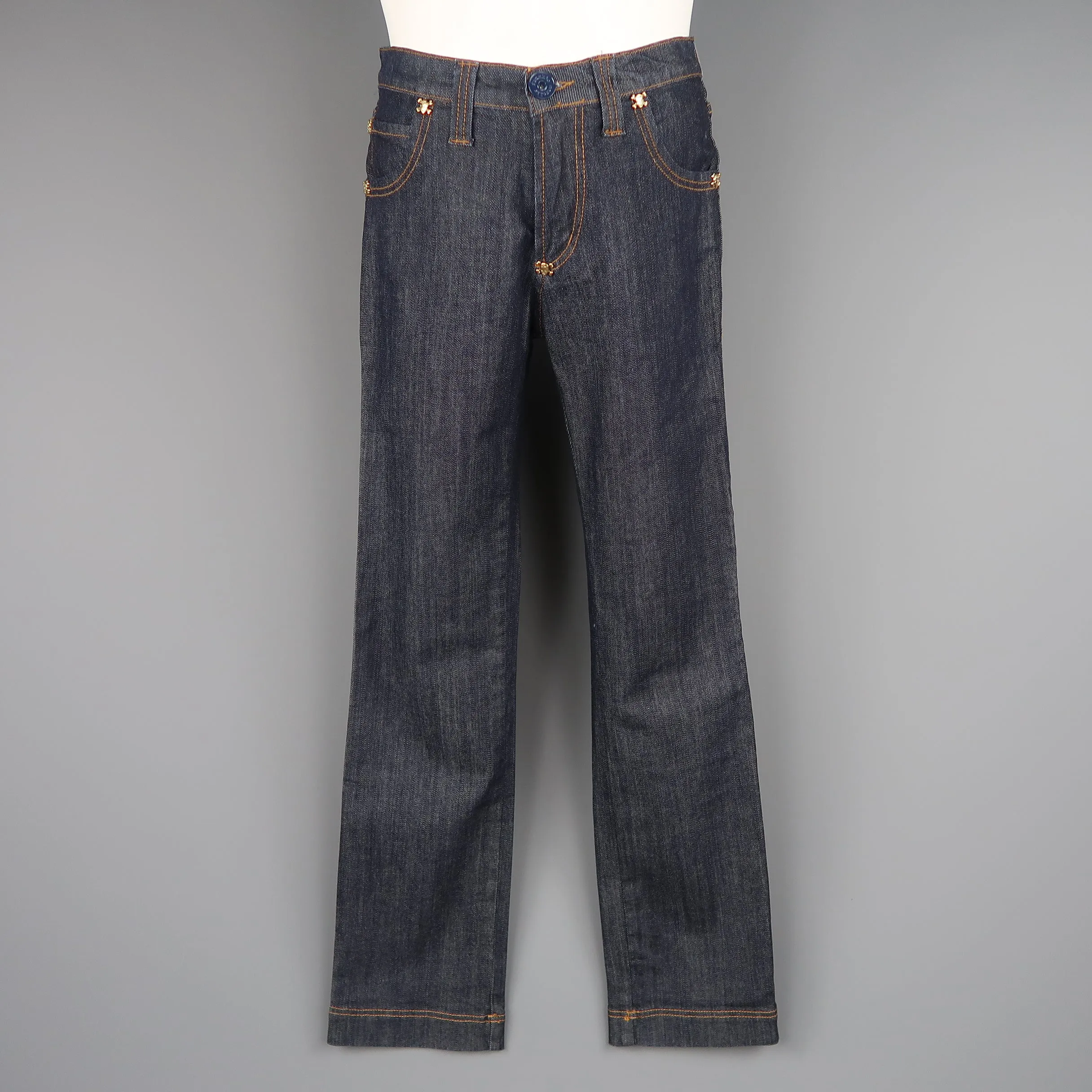 Indigo Contrast Stitch Denim Gold Skull Crossbones Stud Jeans