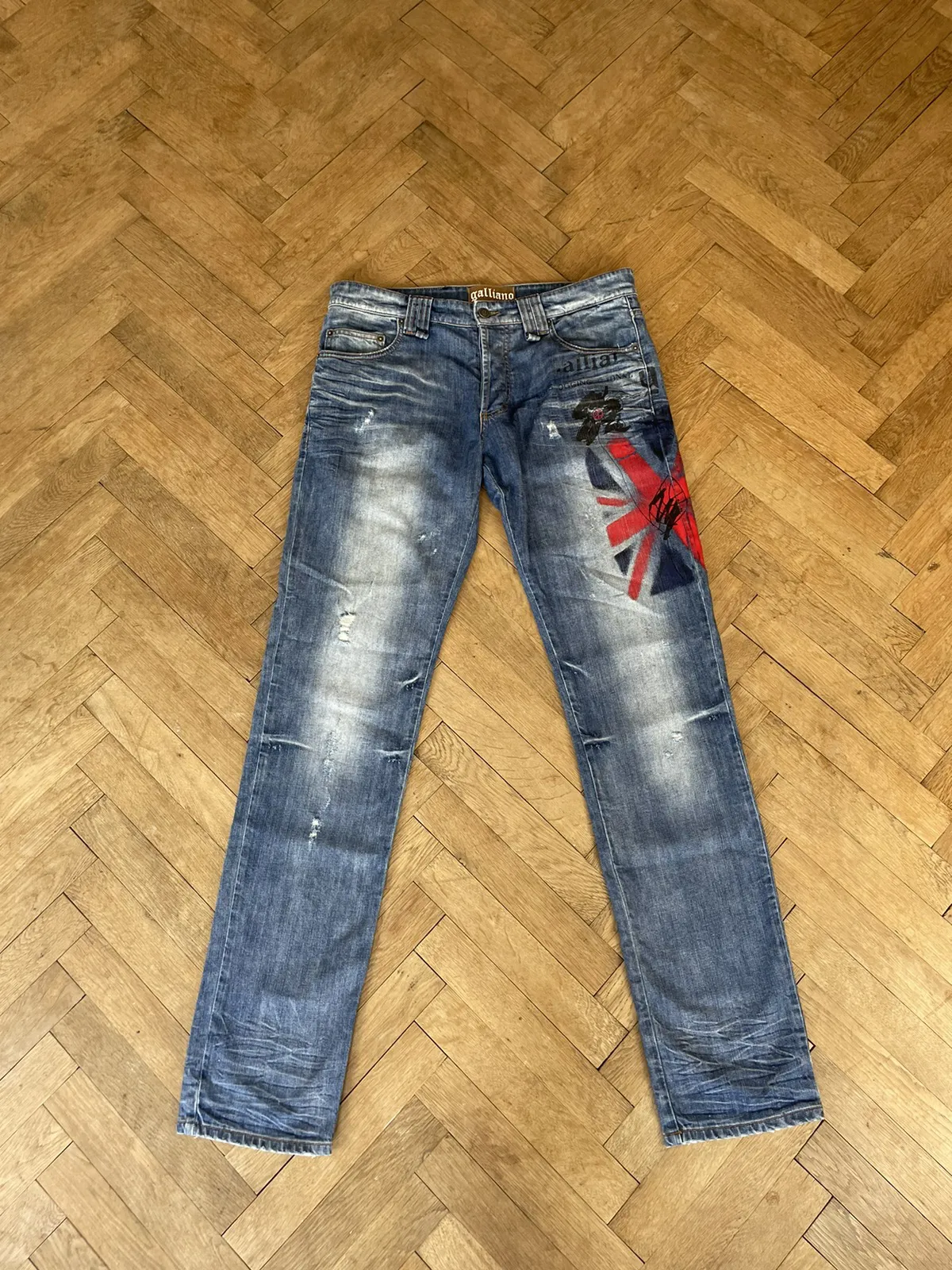 Galliano Gazette Newspaper British Flag Print Jeans