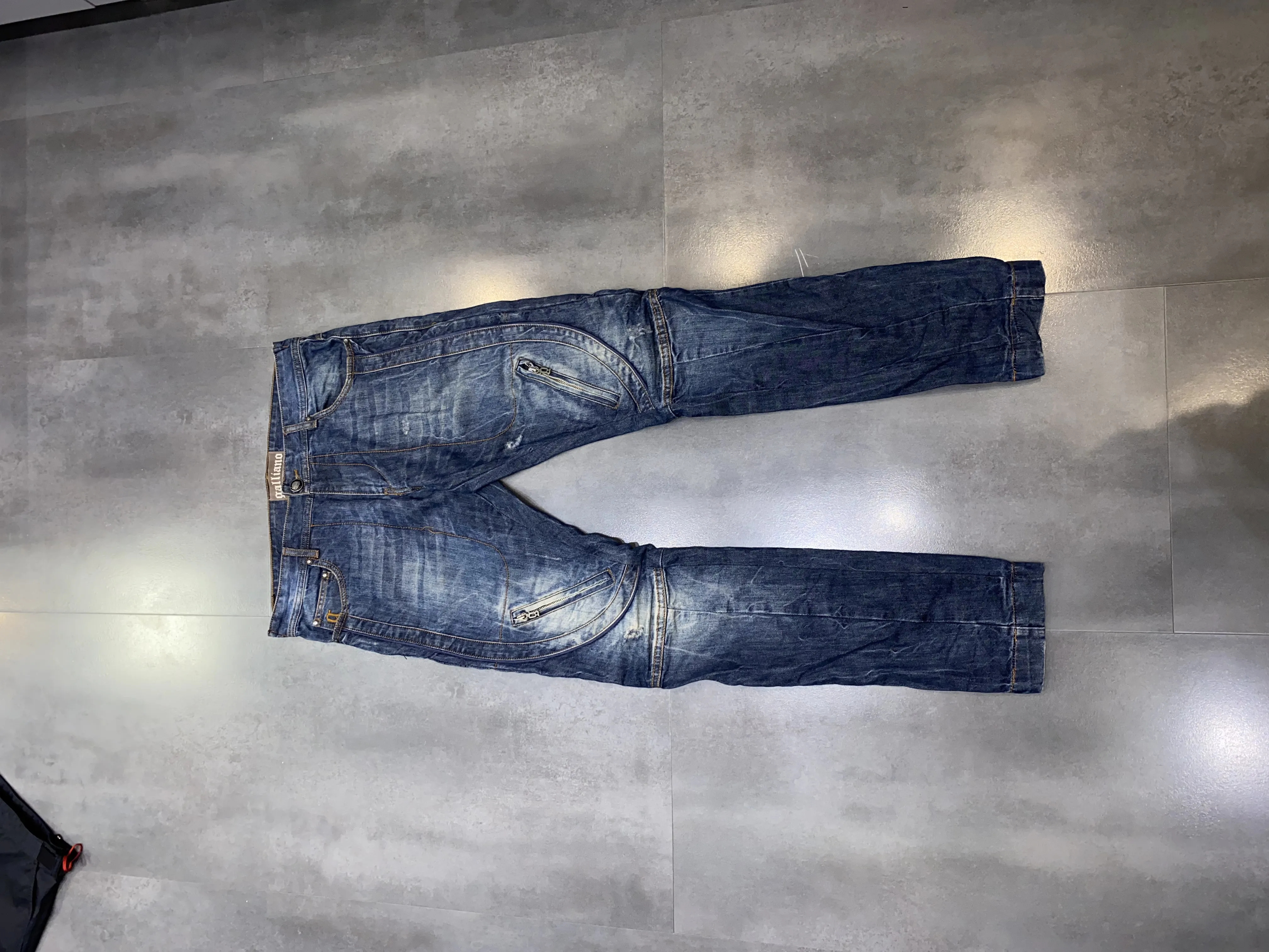 Galliano Distressed Zipped Denim Biker Pants