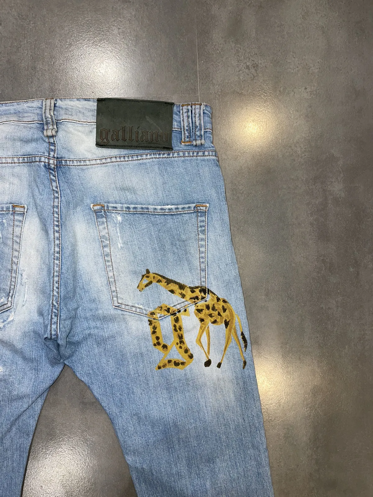 Galliano Distressed Giraffe Logo Indigo Denim Pants