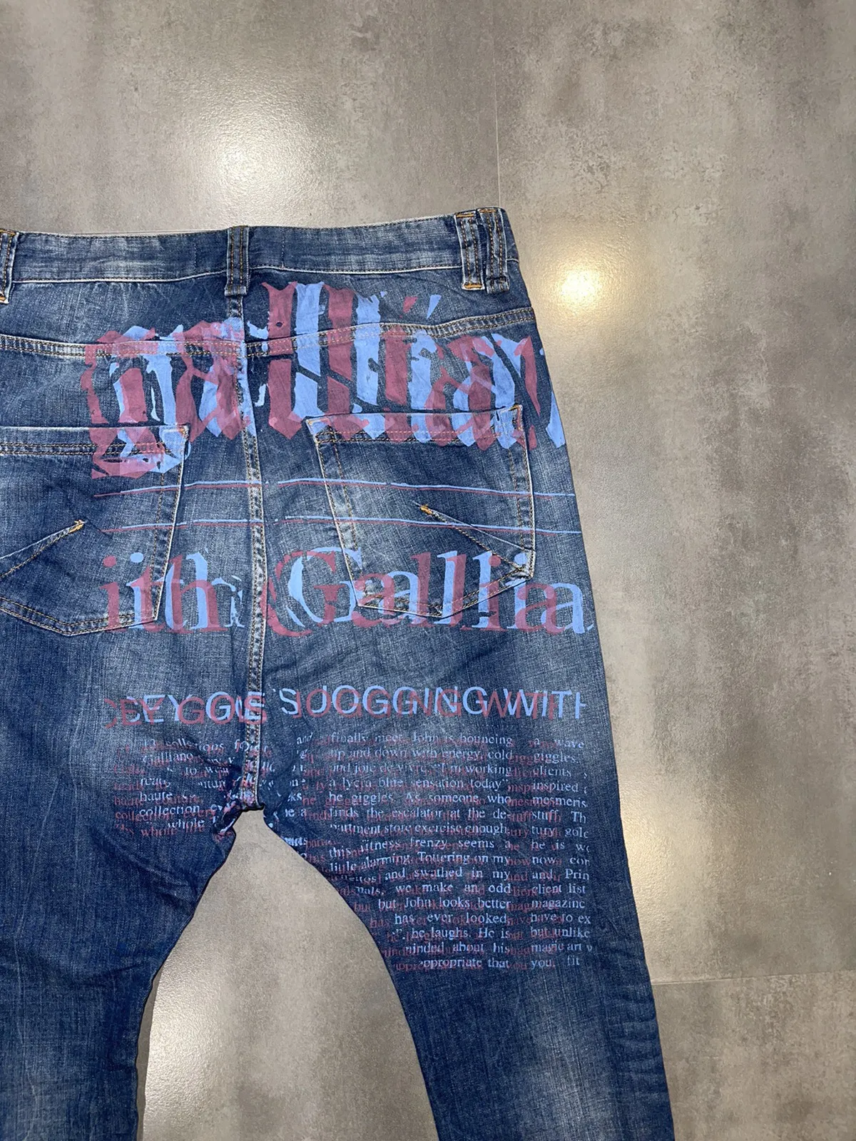 Galliano Gazzete Print Drop Crotch Biker Denim Pants