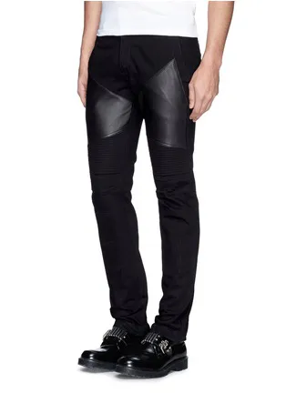 Black Leather-Paneled Moto Biker Jeans