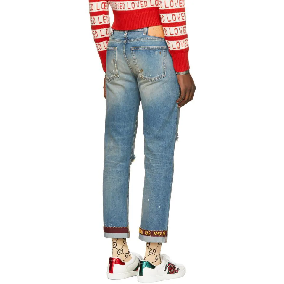 L'Aveugle Par Amour Embroidered Distressed Jeans