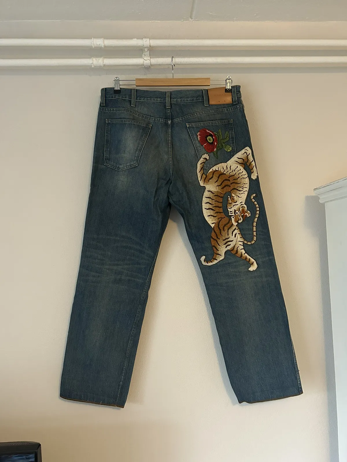 Blue Denim Jeans with Tiger and Rose Embroidery