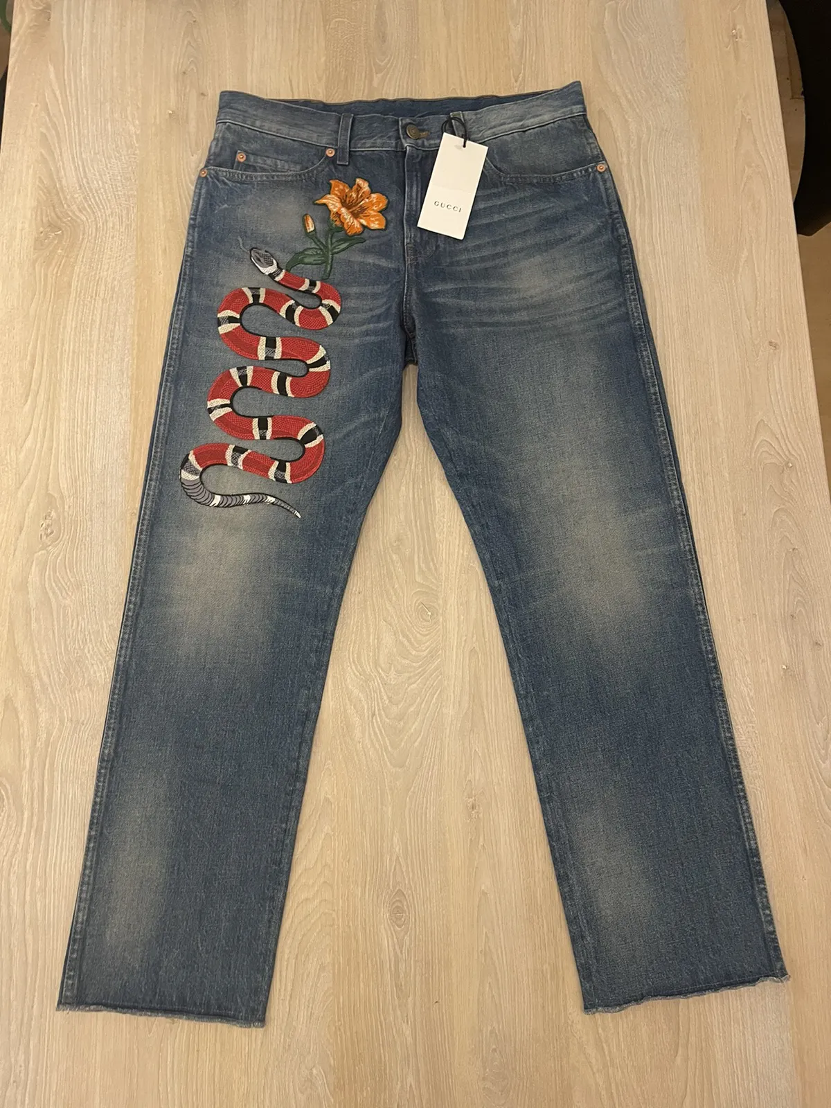 Gucci Snake Embroidered Blue Denim Jeans