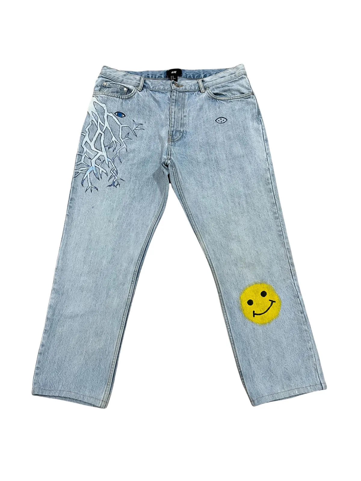 H&M Cropped Faded Distressed Smiley Art Jeans Kapital Style