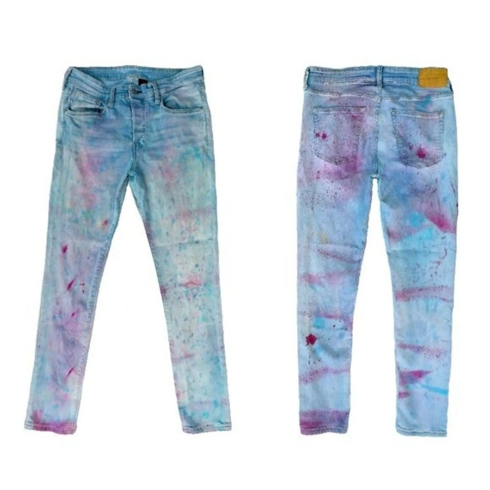 H&M Blue, Lime Green, Magenta Paint Splatter Jeans