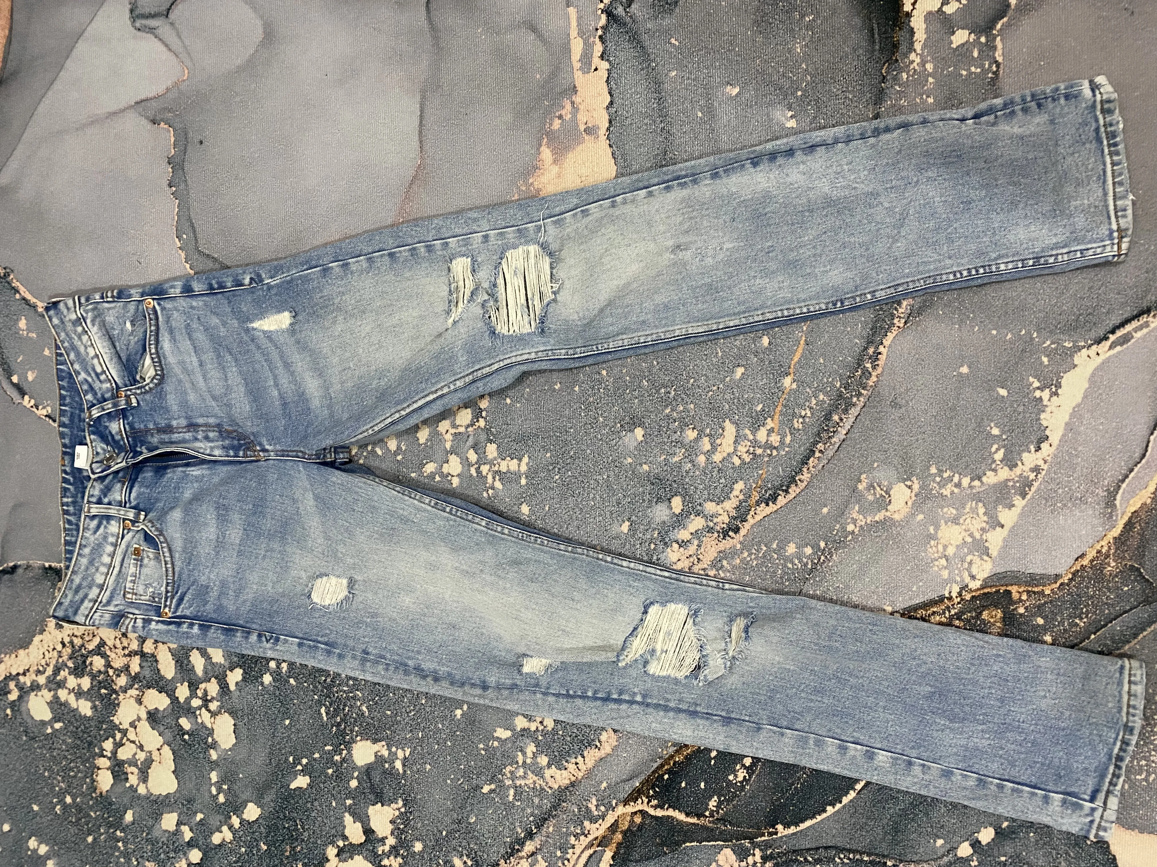 H&M Light Wash Straight High Waist Distressed Denim