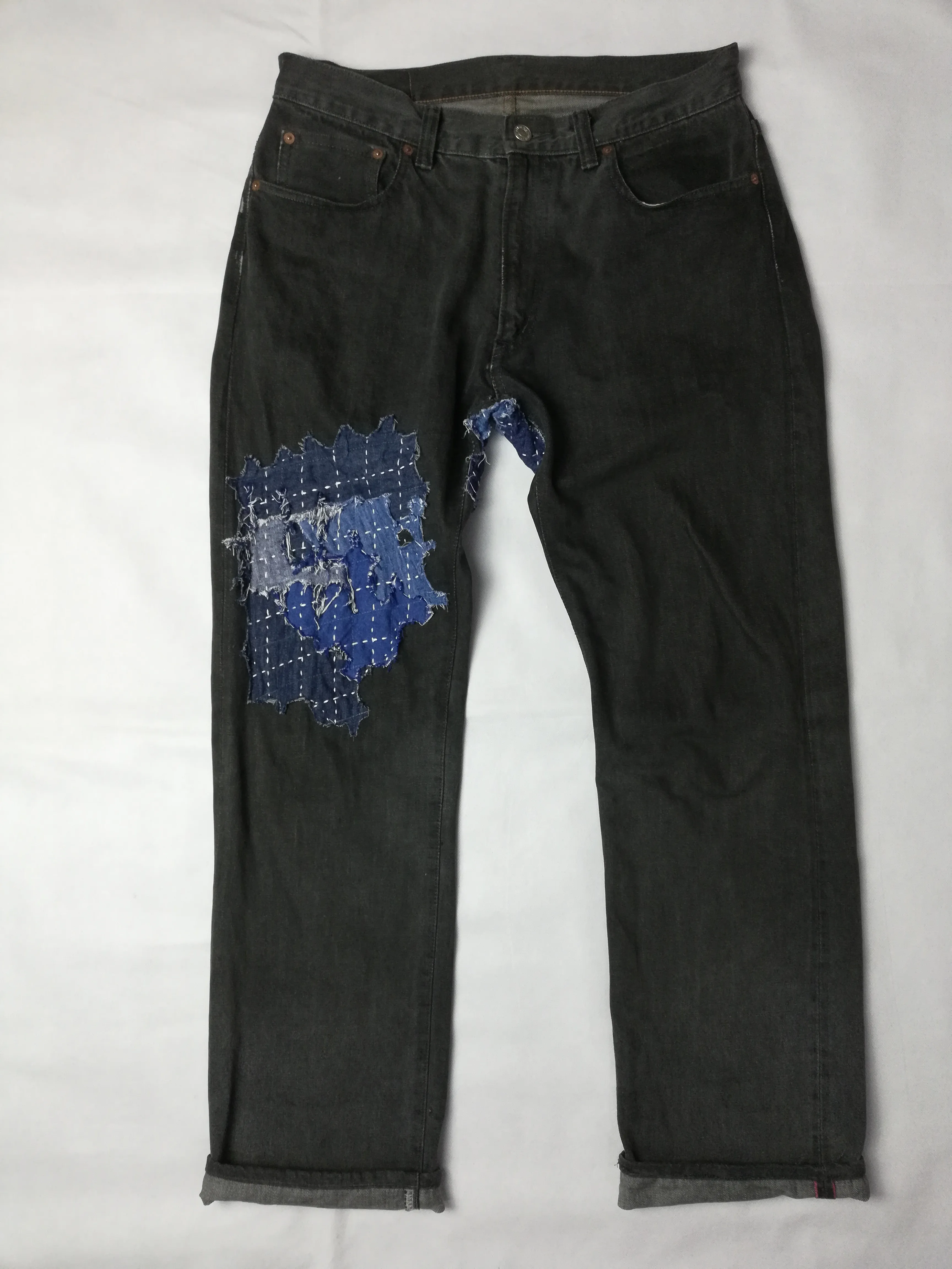Reworked HRM Selvedge Jeans with Sashiko Boro Patchwork