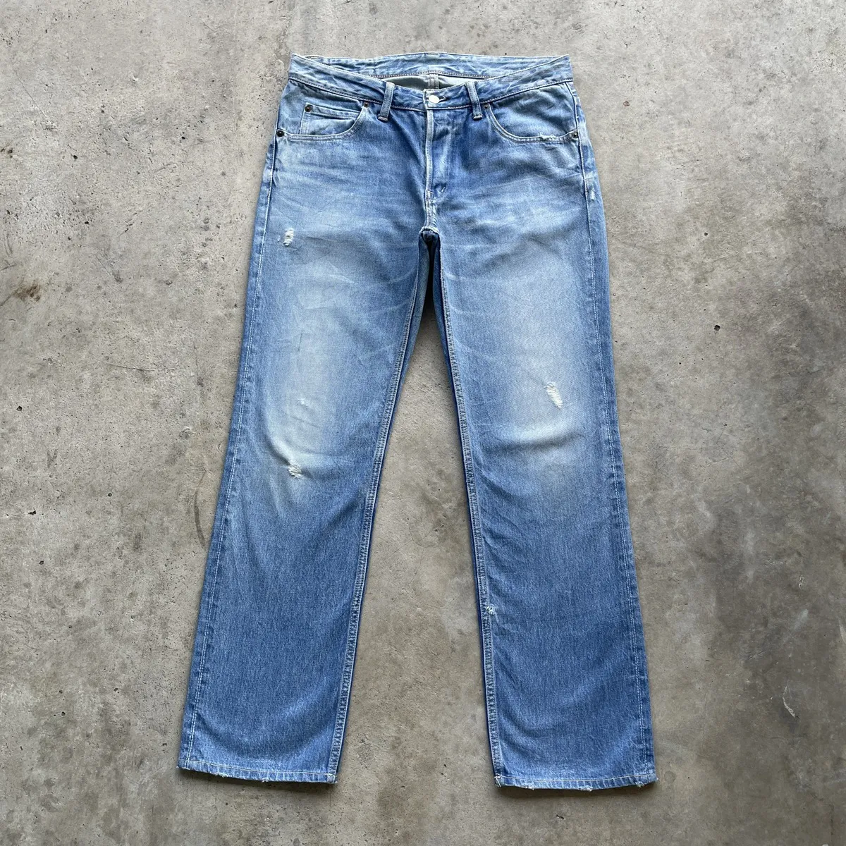 W33🔥 Vintage Iron Heart Fly Button Faded Denim Jeans Pants