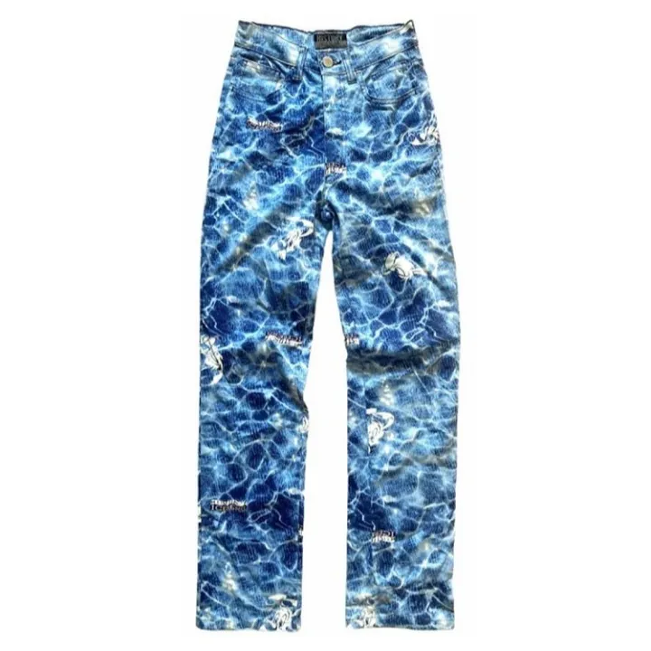 Vintage ICEBERG Blue Water Print Stretch Denim Pants