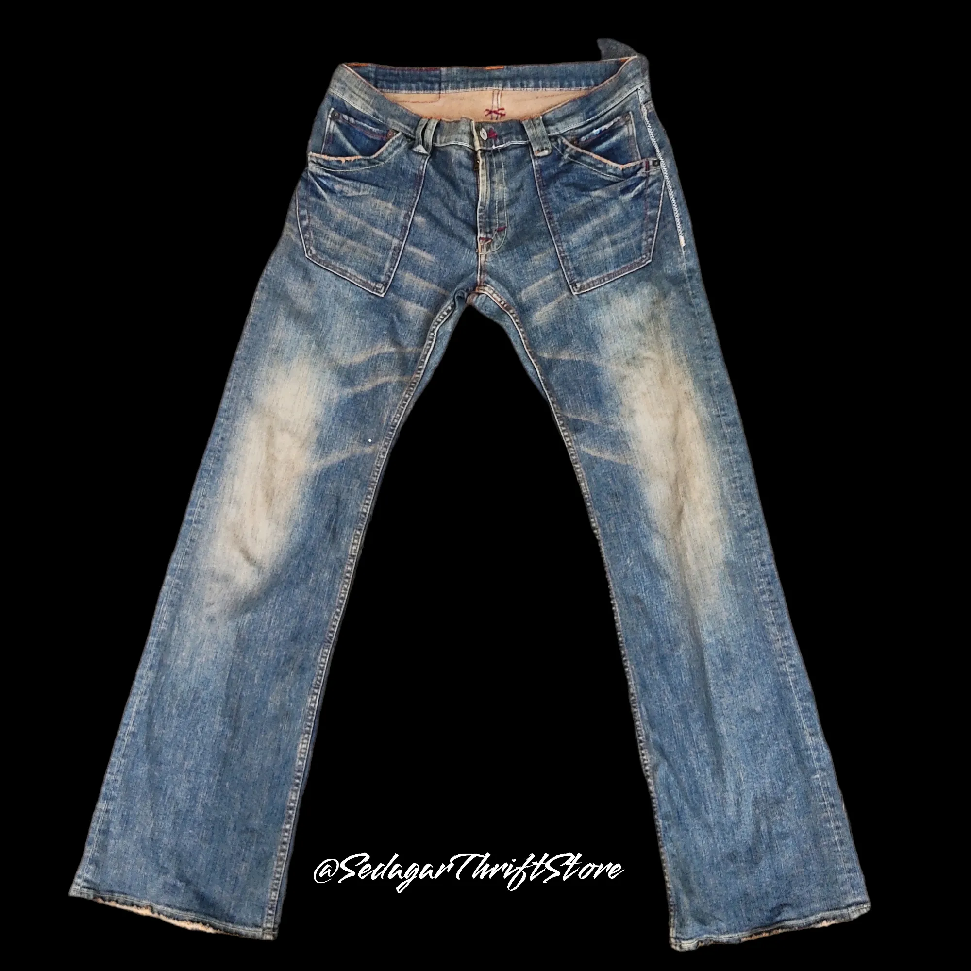 Blue Way Large Patch Front Pockets Distressed Denim