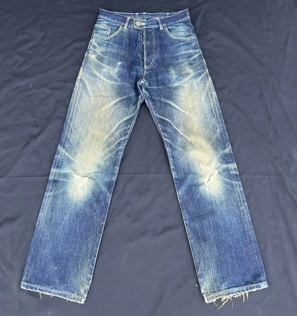 Vintage Gaultier Jeans Rips Mud Denim Dirty Selvedge Jeans
