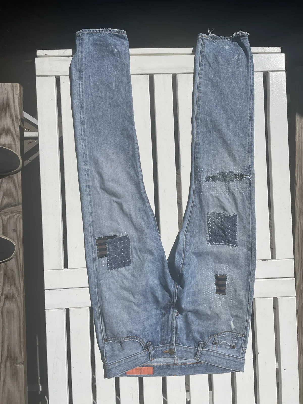 Vintage Jean Shop denim w/ Sashiko stitching & patches