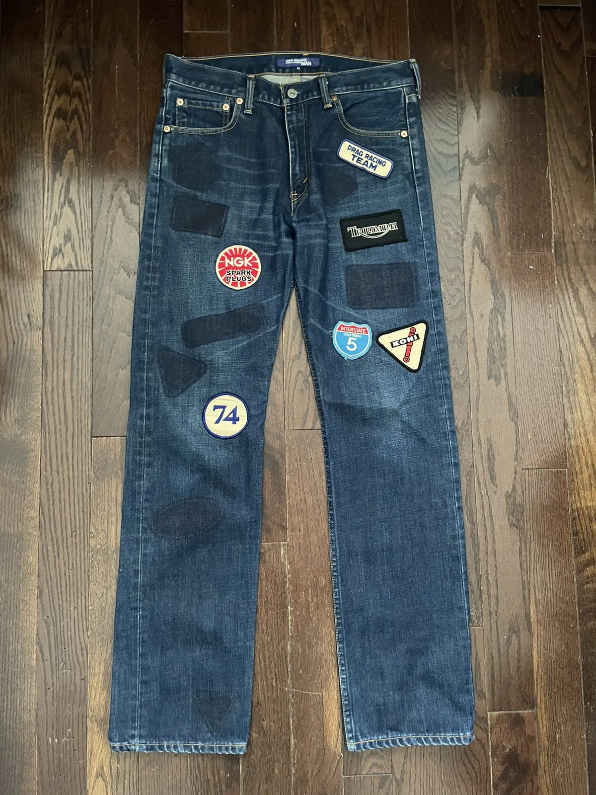 Junya AD2002 Biker Patches Denim Jeans Indigo Wash