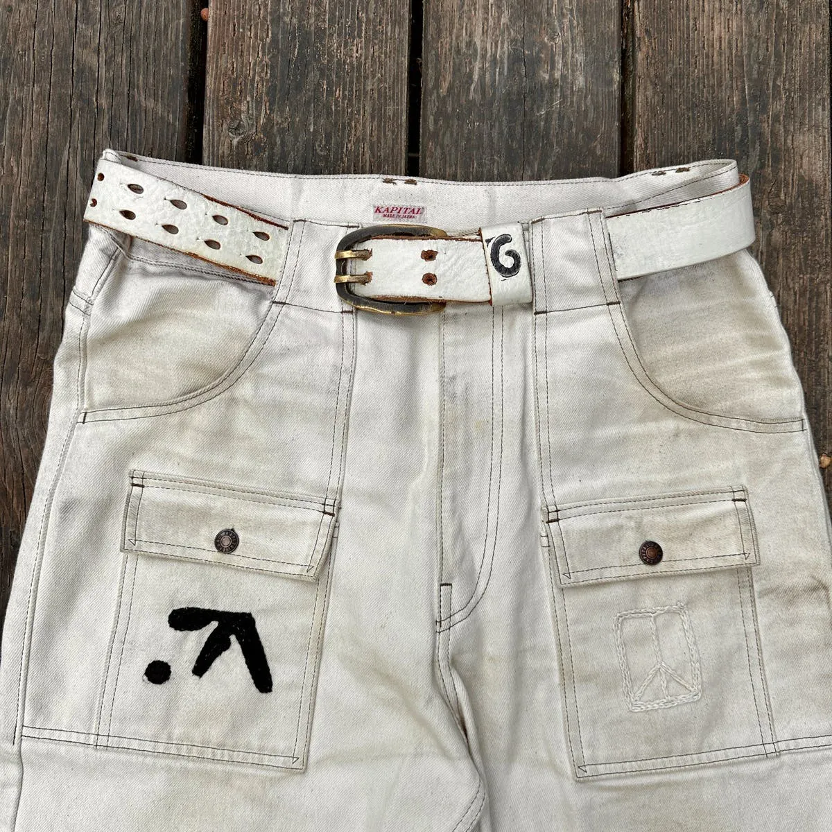 Aphex Twin Trashed remake 14oz White flare denim bush pant