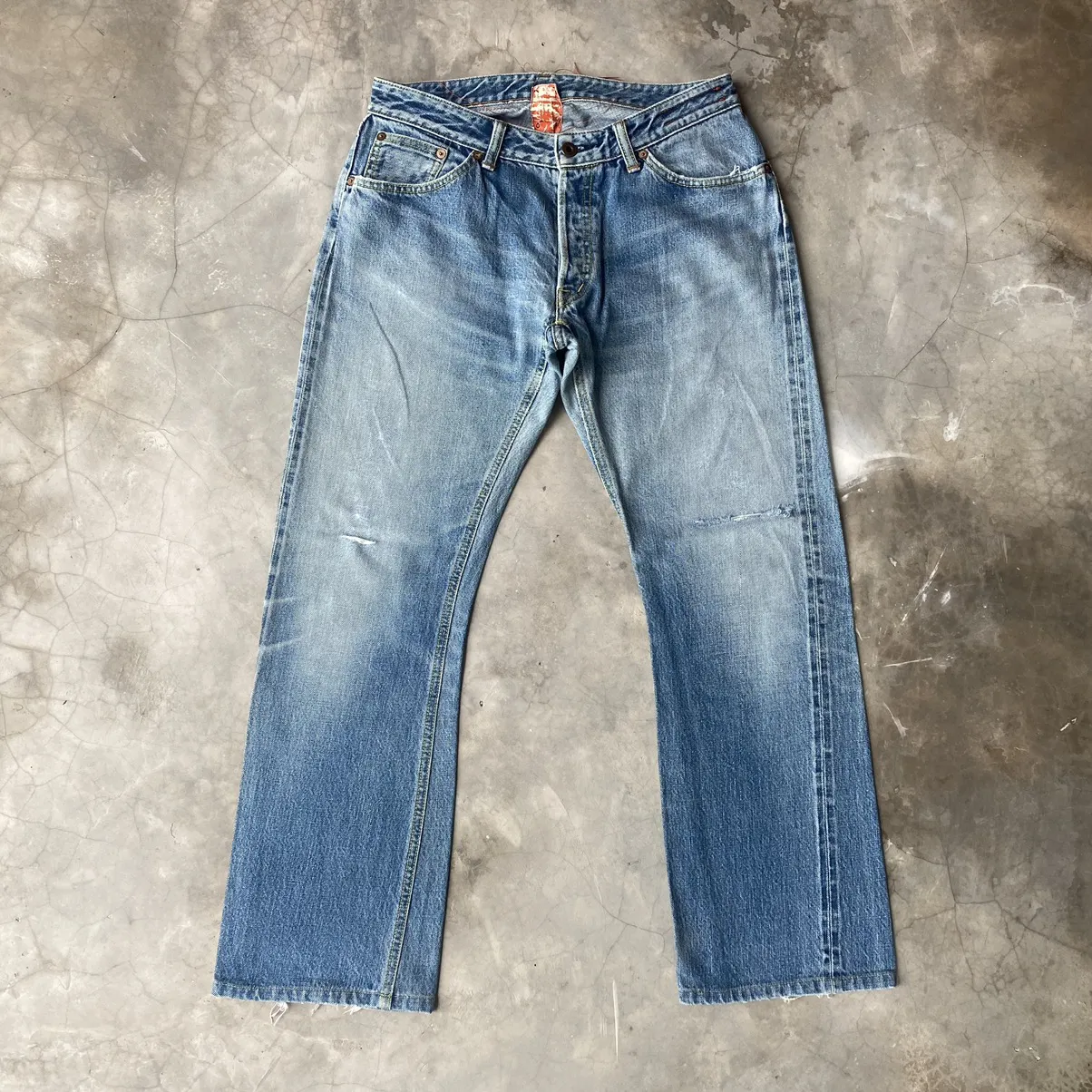 Hiroshi kato selvedge flare jeans distress denim faded blue
