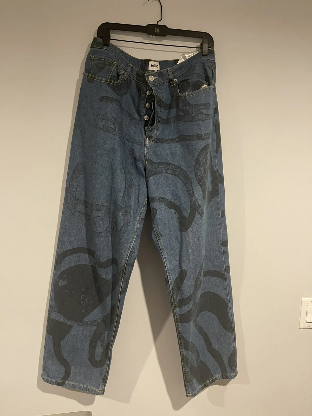 Blue Patterned Wide Leg Jeans